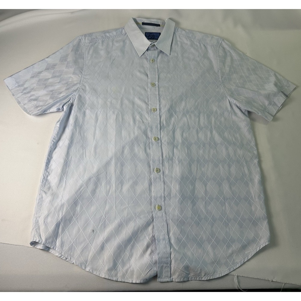 Tommy Bahama Denim Men White Blue Short Sleeve Button Down Large Diamond Pattern